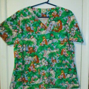 COTTONALITY Scrub Top/SMOCK SZ Med Green Zoo Animals V Neck SS